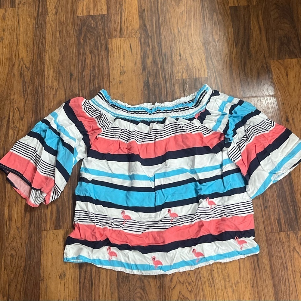 Crown & Ivy Striped Flamingo Off The Shoulder Blouse Easter/Spring Size Small